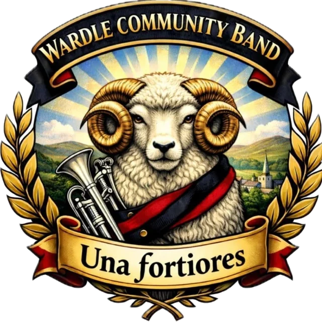 Wardle Community Band crest: a ram holding a cornet, wearing a red and black sash, in front of the Pennine hills and Wardle church, with the motto Una fortiores